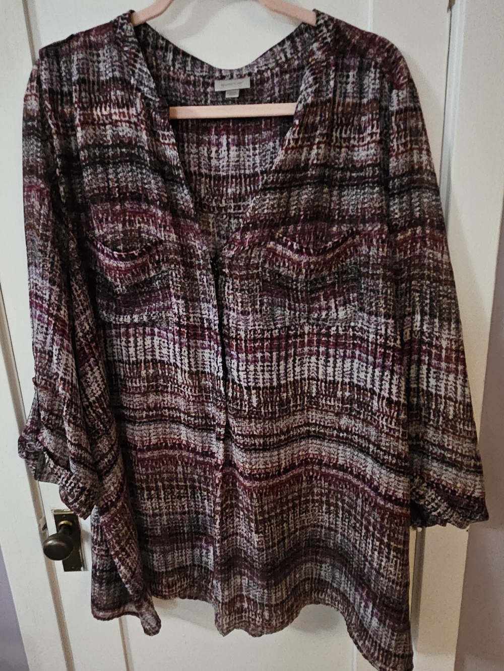 Avenue Multicolor Button-Down Tunic - Burgundy, Black, Cream